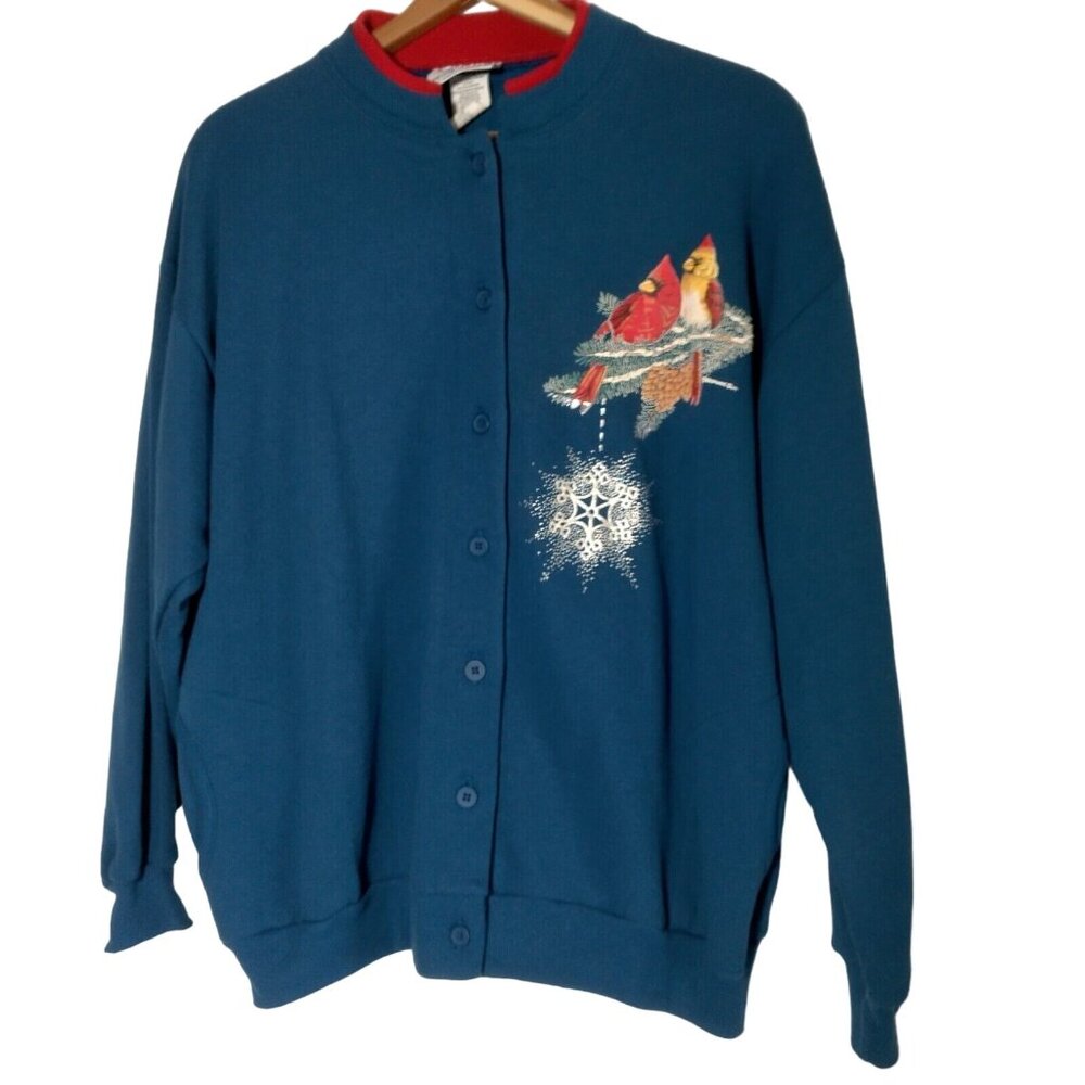 Morning Sun Sweatshirt Petite PL Cardigan Cardinal Bird Winter Snow Blue Vintage